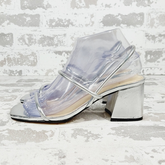 New Marc Fisher LTD. Women's Galvin Silver Block Heel Sandals K569 - Picture 1 of 13